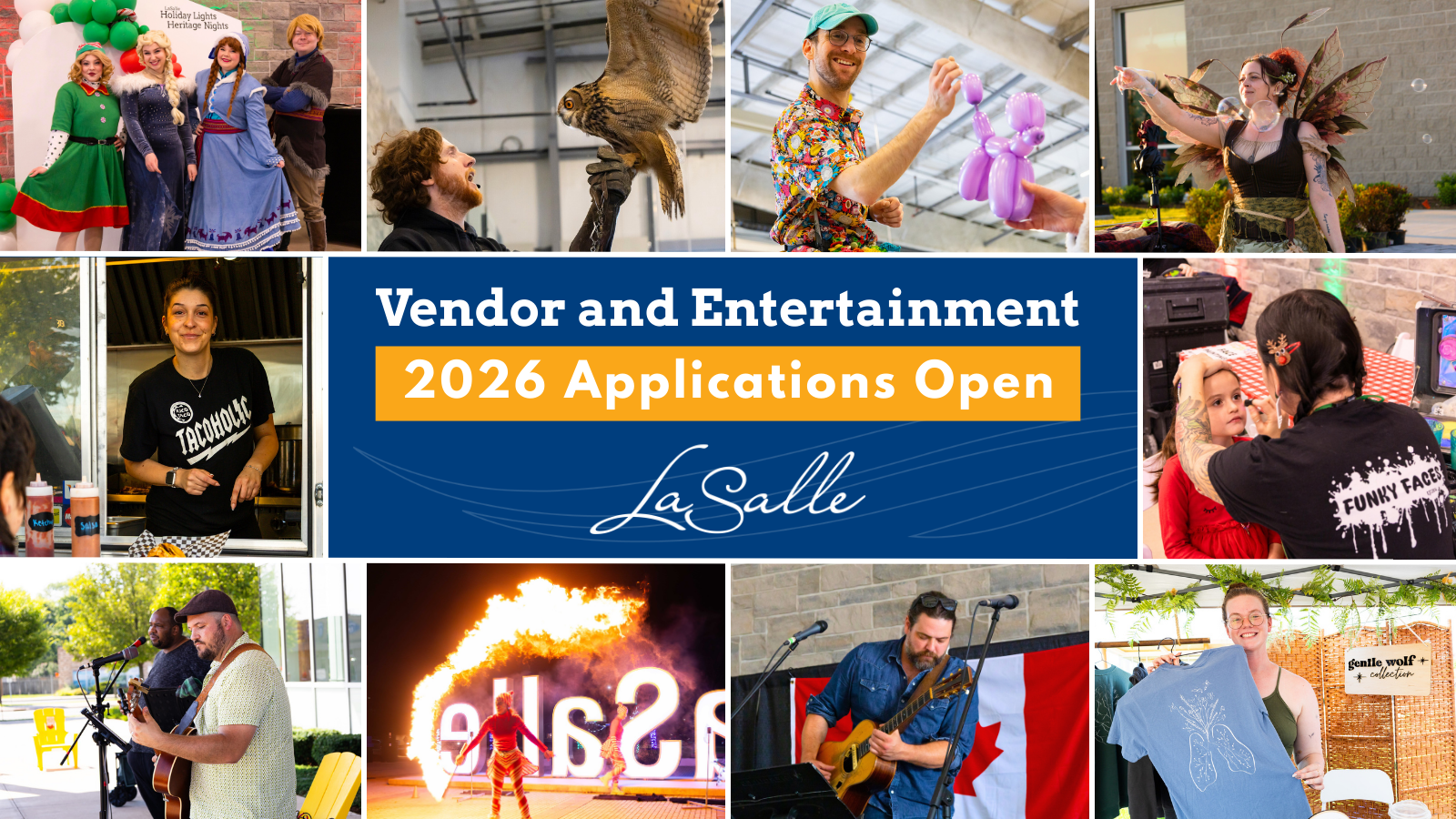 Vendor and Entertainment 2026 Applications Open, Photo Collage of various Vendors and Entertainers at Town of LaSalle Events