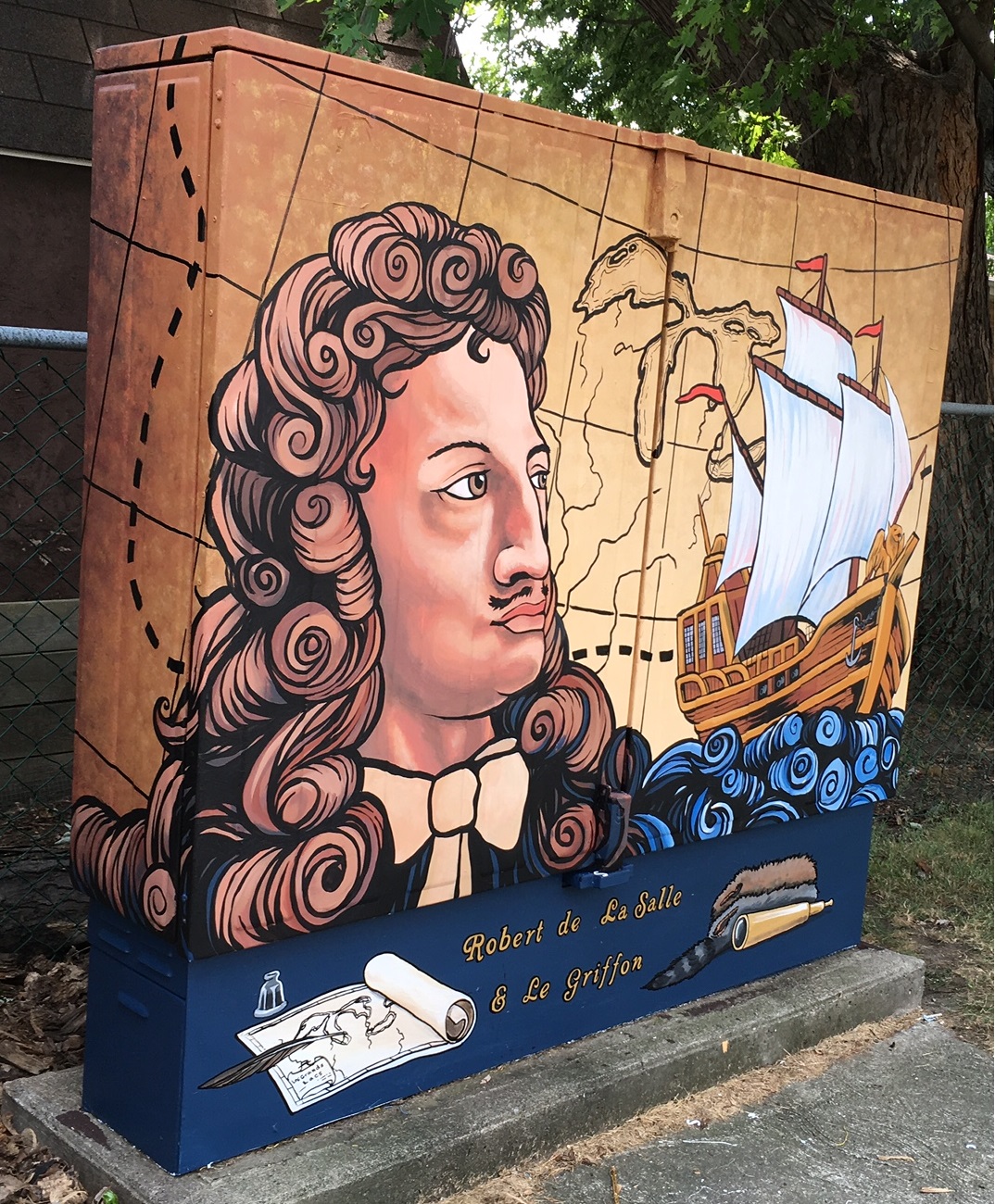 Divine Street Bell Box Mural, Rene-Robert Cavelier, Sieur de La Salle and Le Griffon