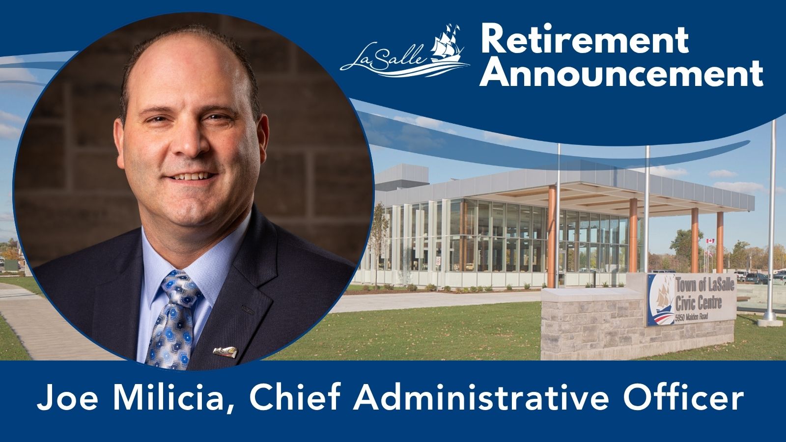 headshot, retirement announcement, building in background