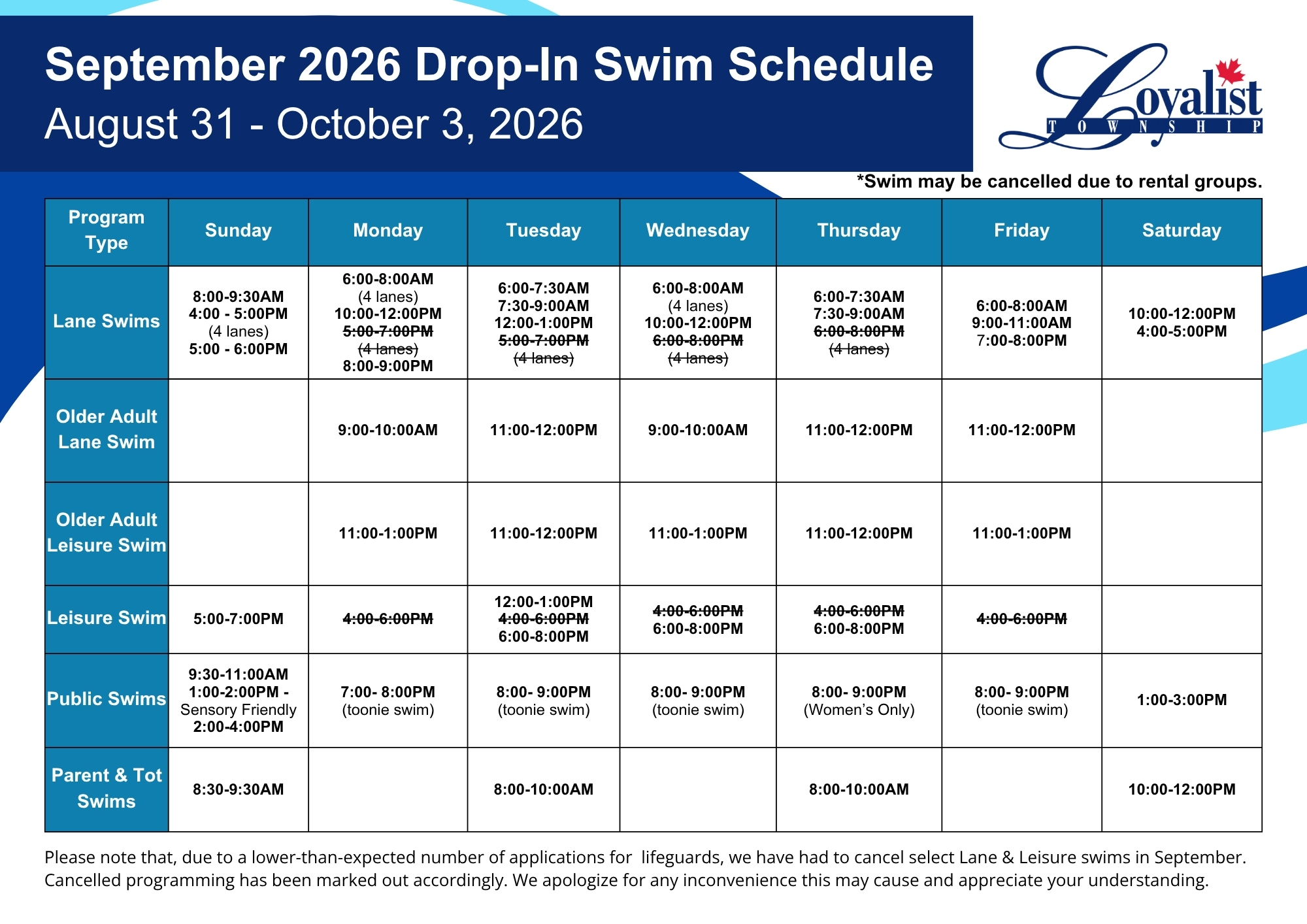 Updated swim scheudle