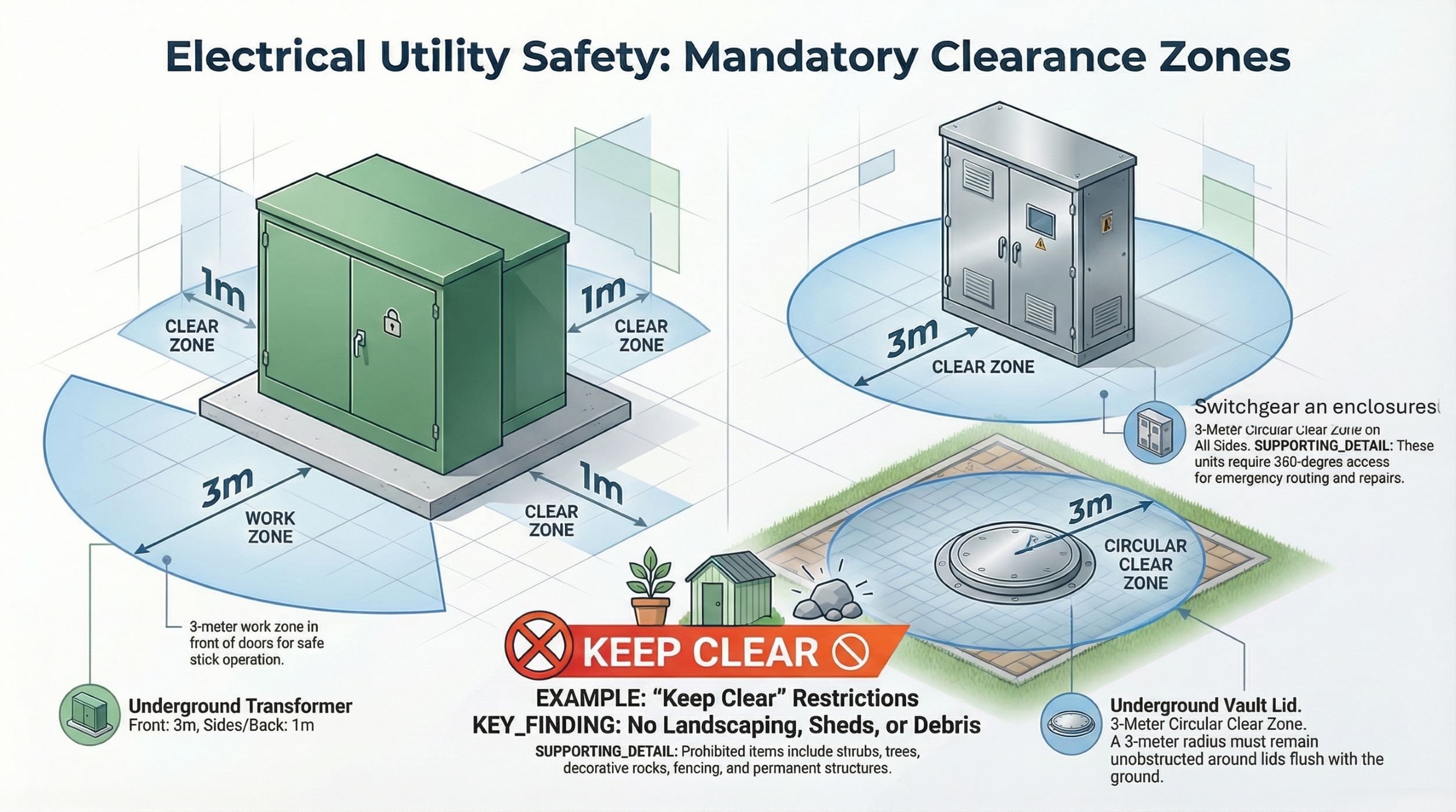 Graphic showing different types of electric utility boxes and the clearance zones around them