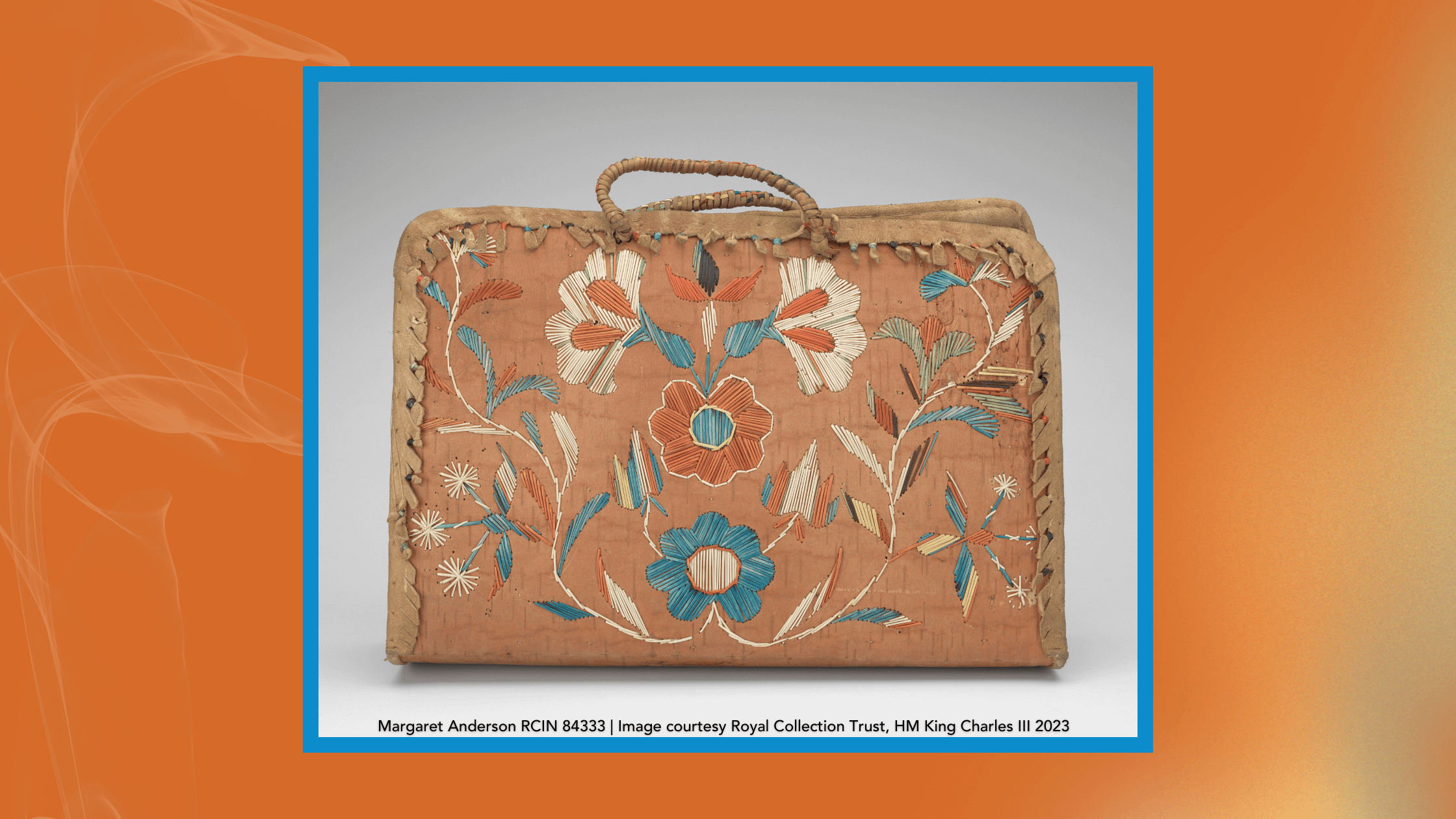 Floral motif quillwork by Margaret Anderson on a rectangular birch bark bag with handles