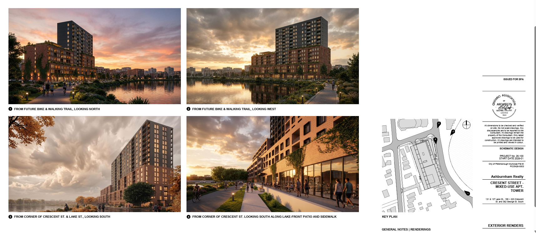Renders of the proposed building at dusk beside Little Lake.
