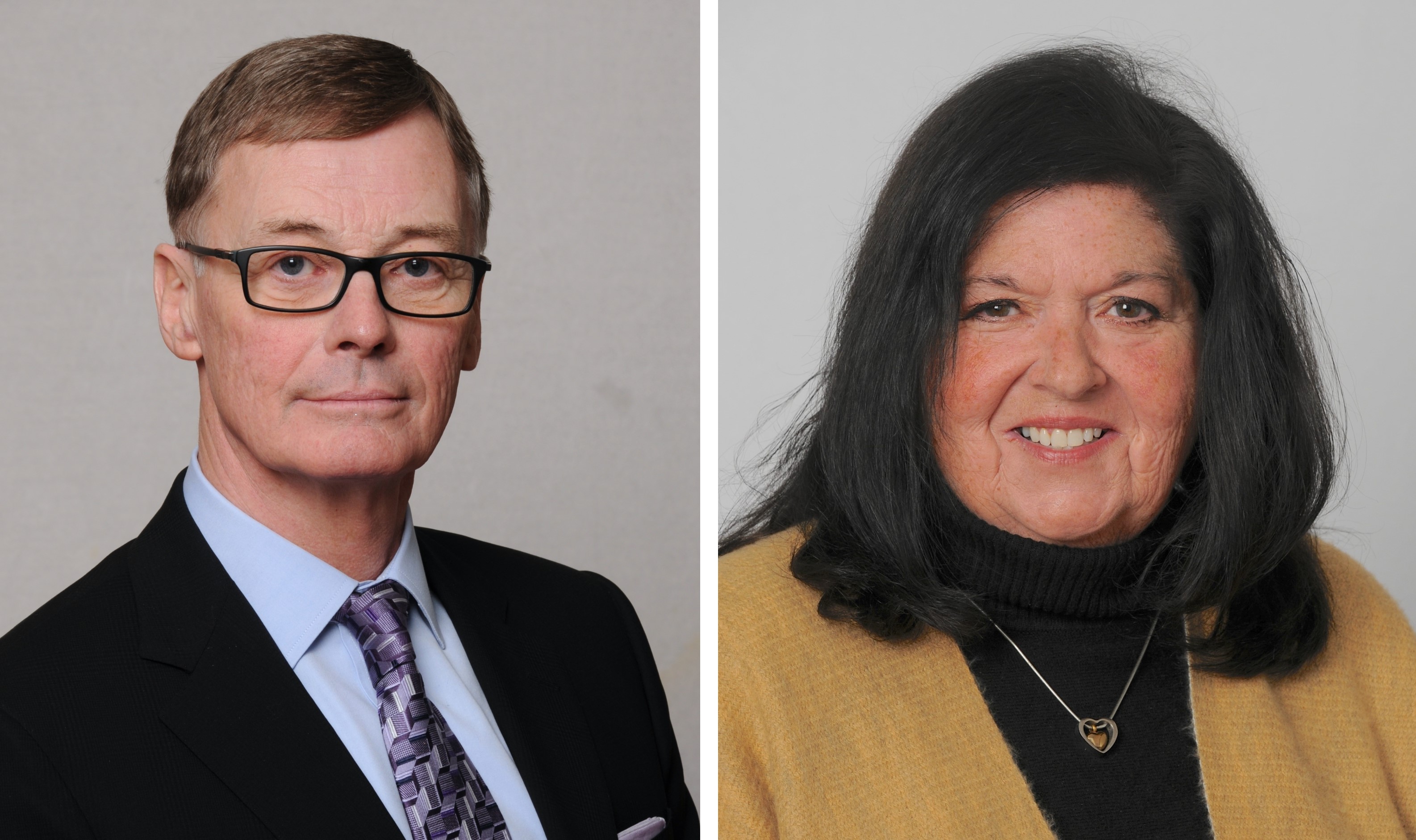 Headshot of man, left, and woman, right, new school board chairs