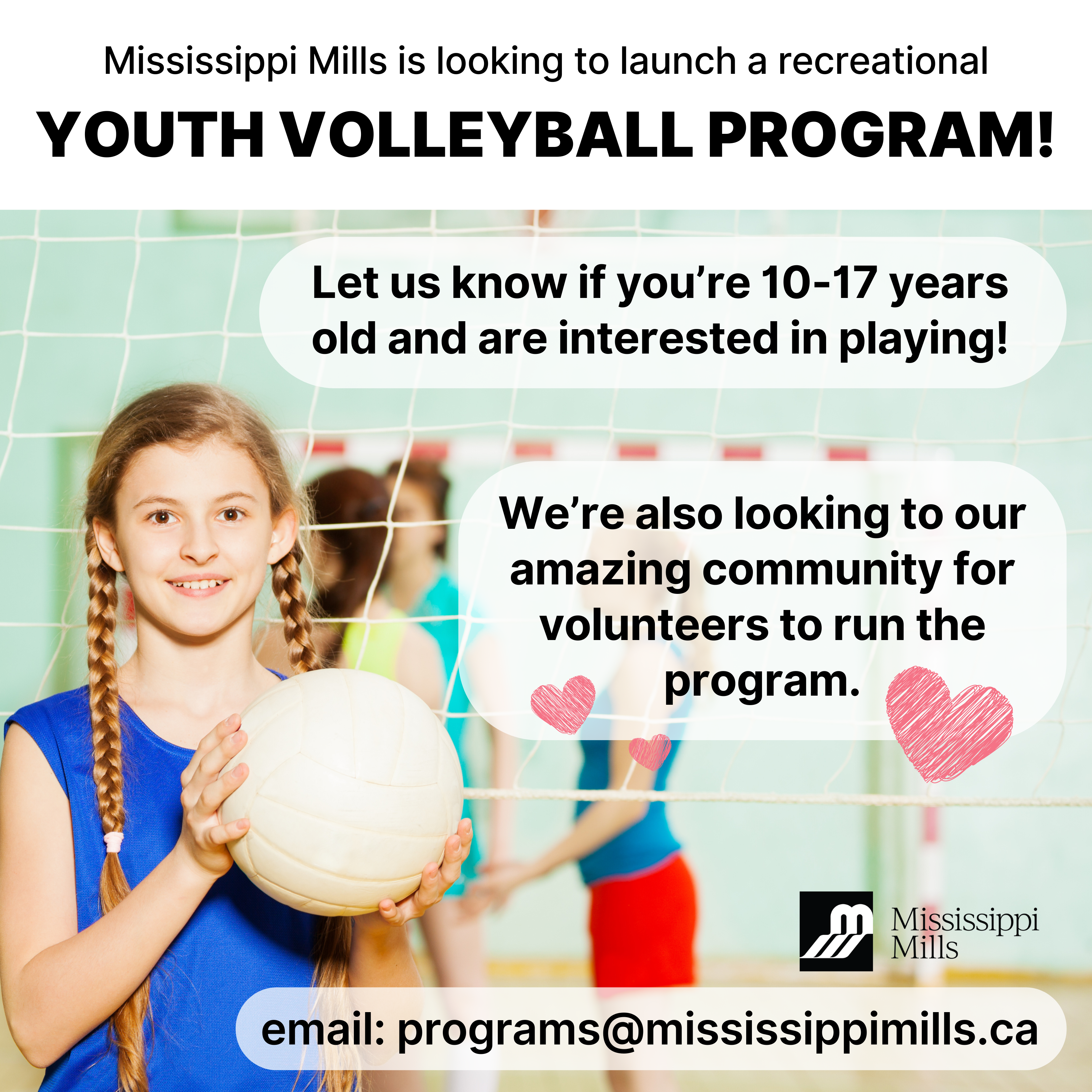 Graphic featuring a photo of a young girl with braided hair and a blue shirt holding a volleyball. Text reads 'Youth Volleyball Program'