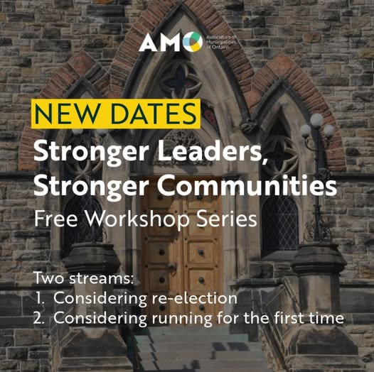 Photo of stone building with text advertising AMO election workshops
