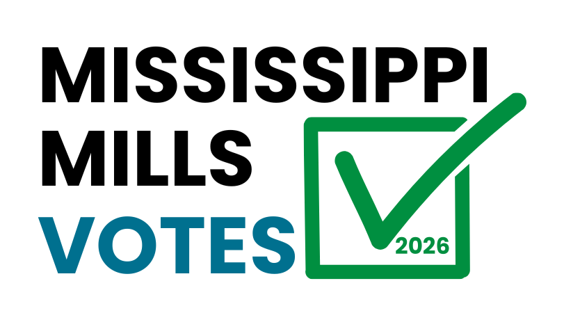 Black, green and blue text logo reading 'Mississippi Mills Votes' with a green box with a checkmark. The number 2026 is inside it.