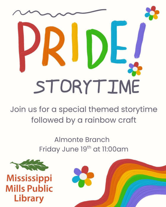 Poster advertising Pride Storytime at the Mississippi Mills Public Library