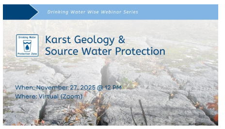 Graphic promoting November 27 Drinking Water Wise Webinar on Karst Geology and Source Water Protection