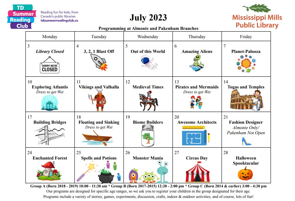 July 2023 summer camp calendar