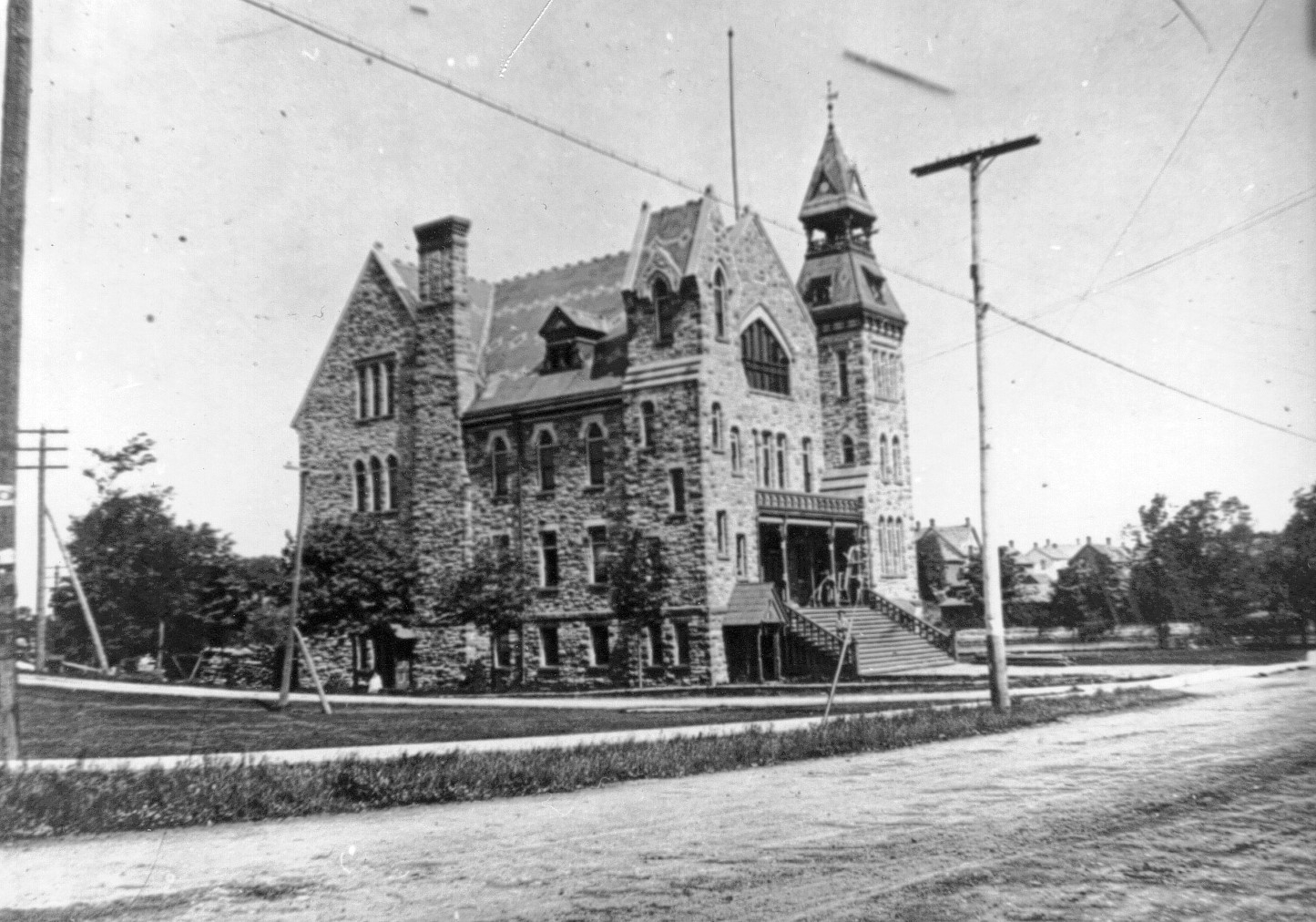 Black and white image of a stately stone building