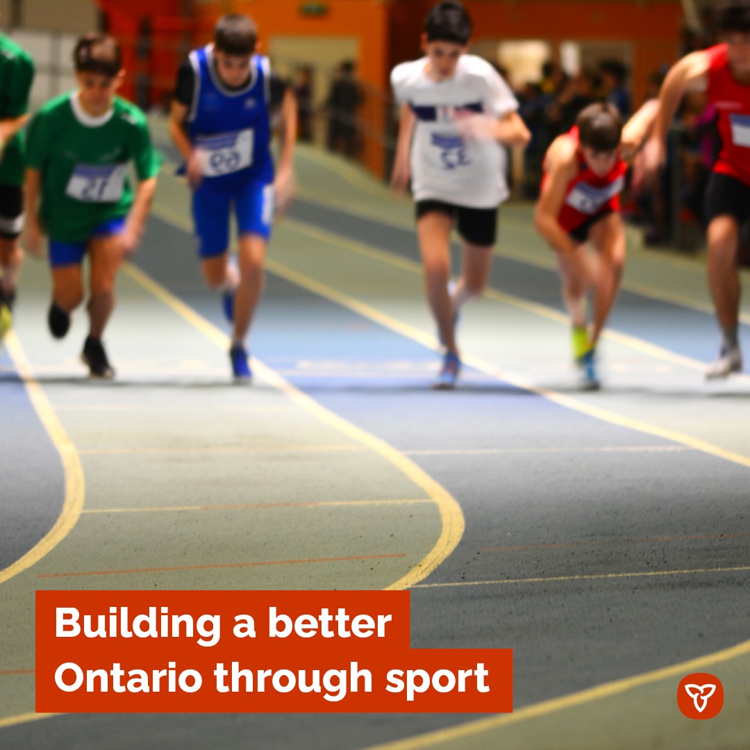 Photo of youth running on a track with the text 'Building a better Ontario through sport'