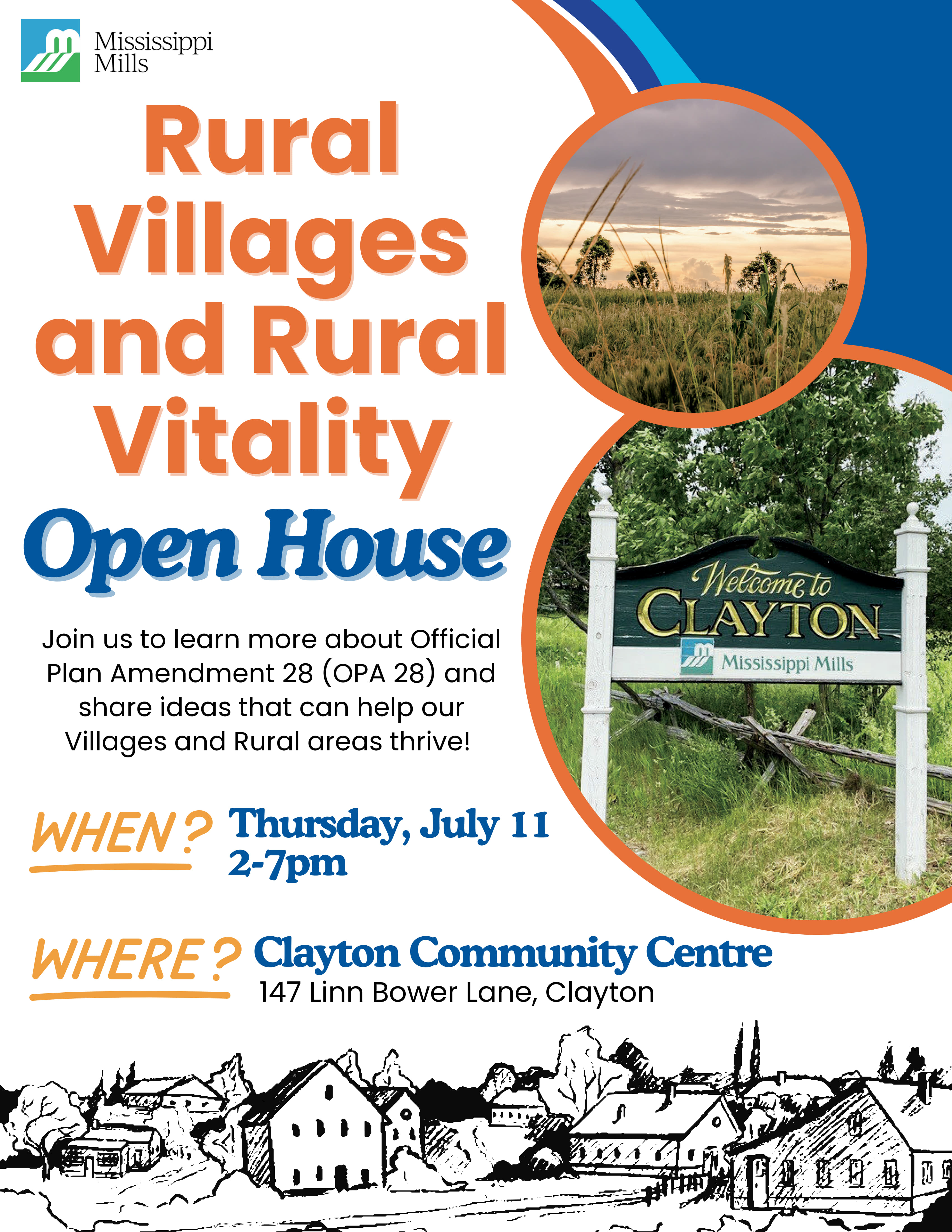 Flyer advertising Rural Villages and Rural Vitality Open House in Clayton - July 11, 2024