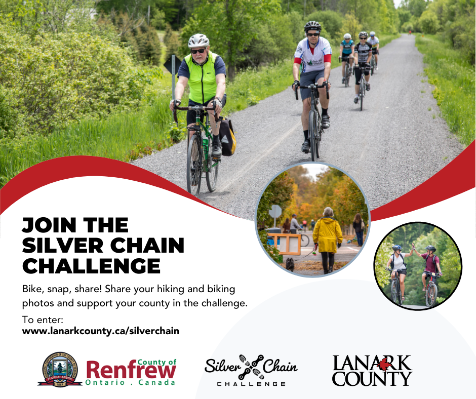 Graphic featuring the text 'Silver Chain Challenge' with a photo of cyclists along a bridge with a stone building in behind