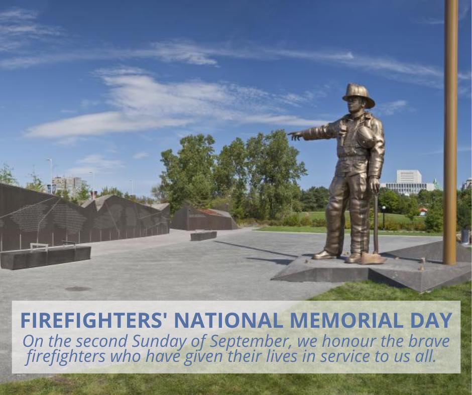 Photo of Canadian Firefighters' Memorial in Ottawa with the text 'Firefighters' National Memorial Day'
