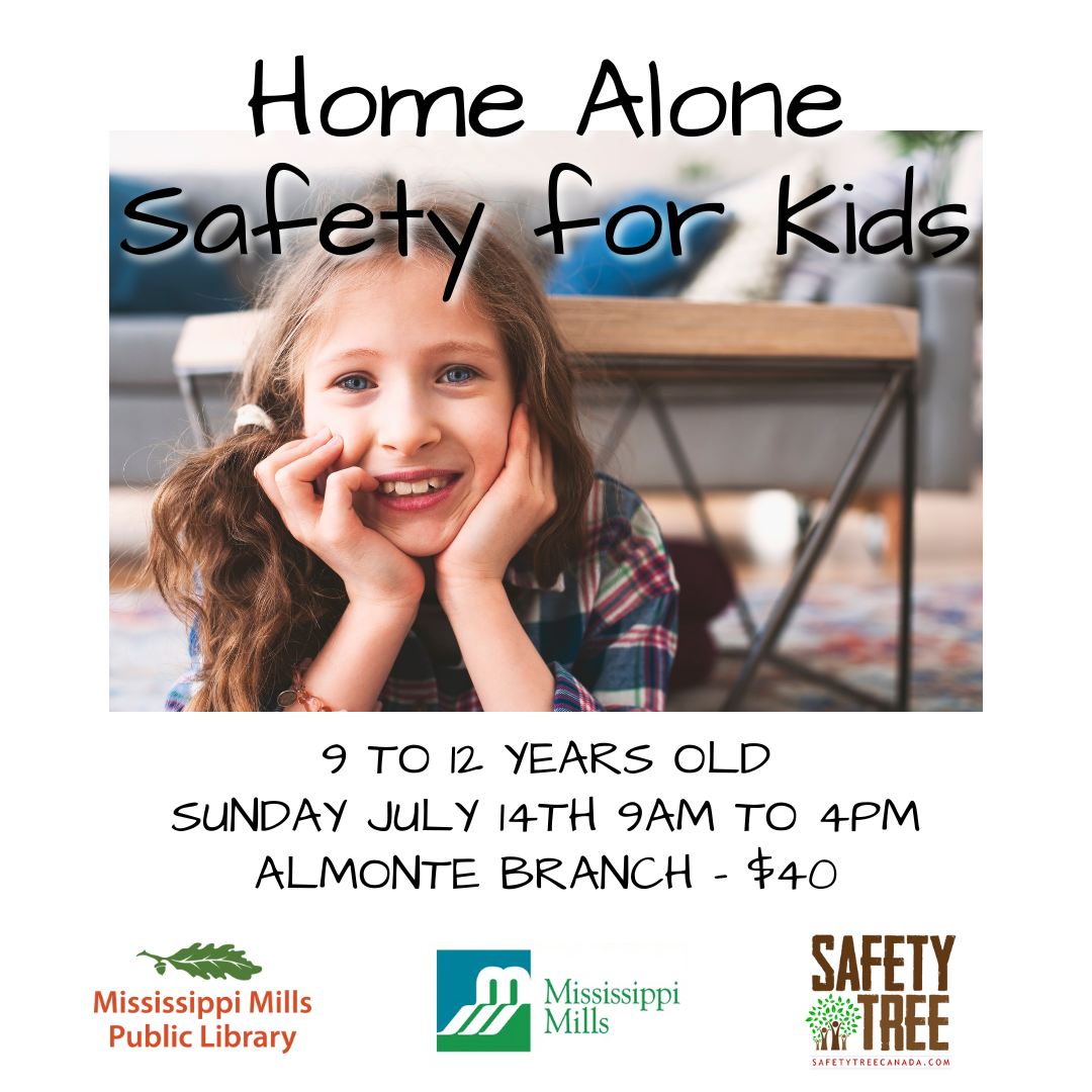 Graphic with a female youth smiling at camera and the text 'Home Alone Safety for Kids'