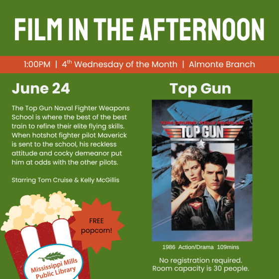 Orange and green poster advertising Film in the Afternoon at Mississippi Mills Public Library