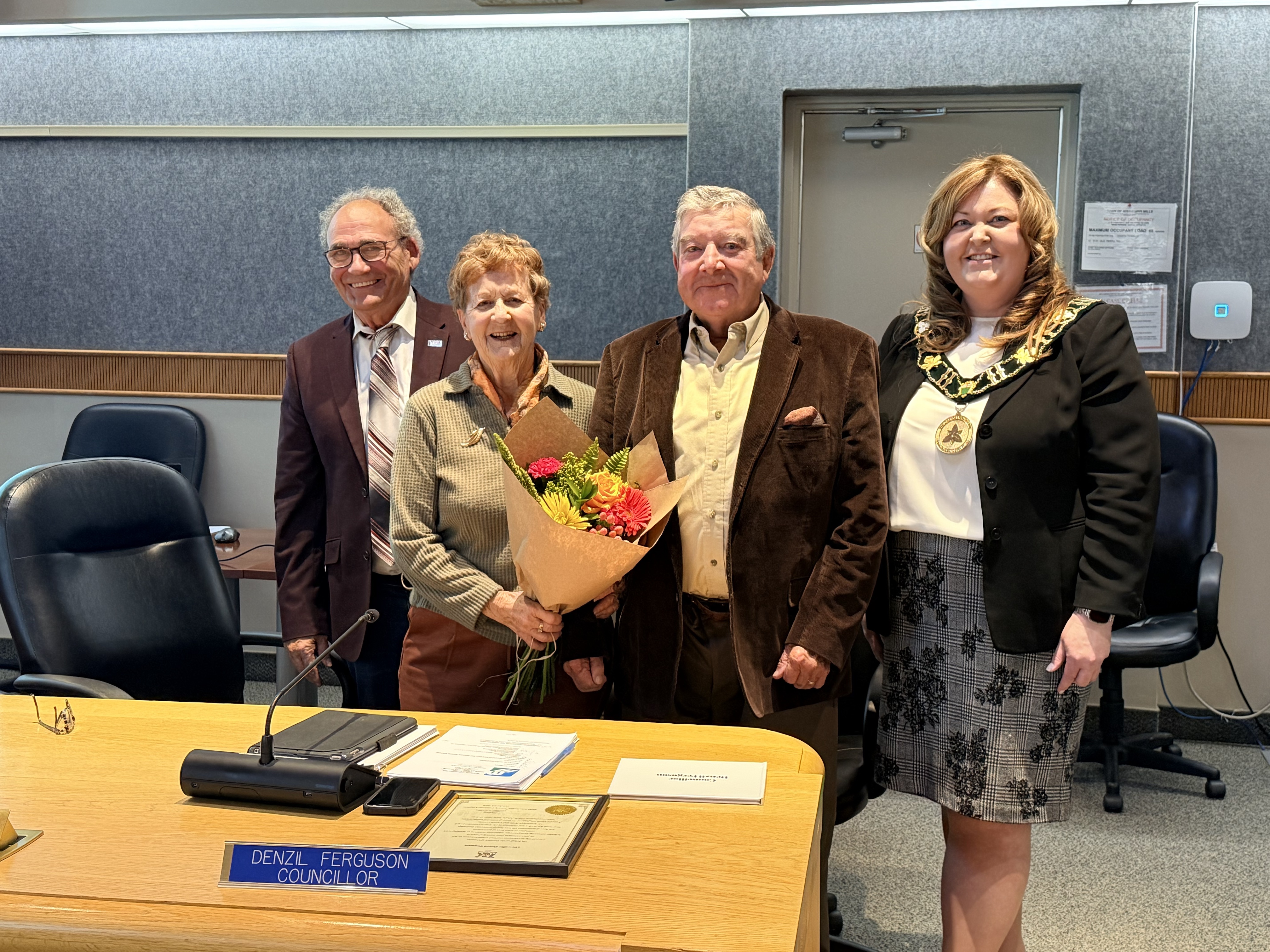 Pictured from left to right: Deputy Mayor Minnille, Margie Ferguson, Councillor Denzil Ferguson and Mayor Lowry