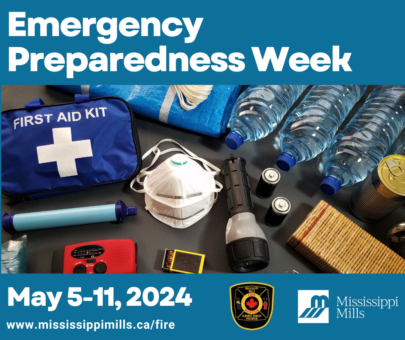 Graphic with photo of a red First Aid Kit, flashlight, batteries, water, radio and food with the text 'Emergency Preparedness Week'