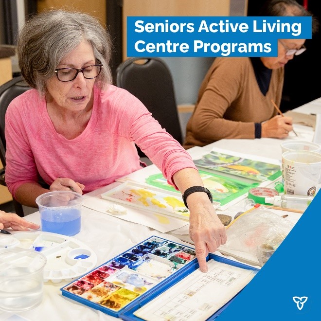 Graphic with photo of an older woman painting with watercolours and the text 'Seniors Active Living Centre Programs'