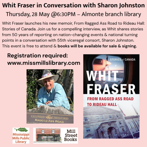 Poster for Whit Fraser in Conversation event at Mississippi Mills Public Library