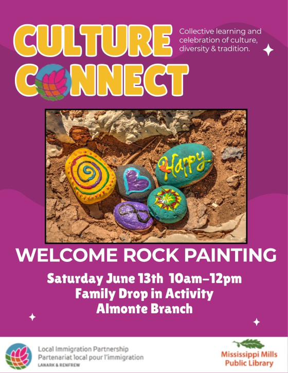Purple poster advertising Culture Connect Welcome Rock Painting at the Mississippi Mills Public Library