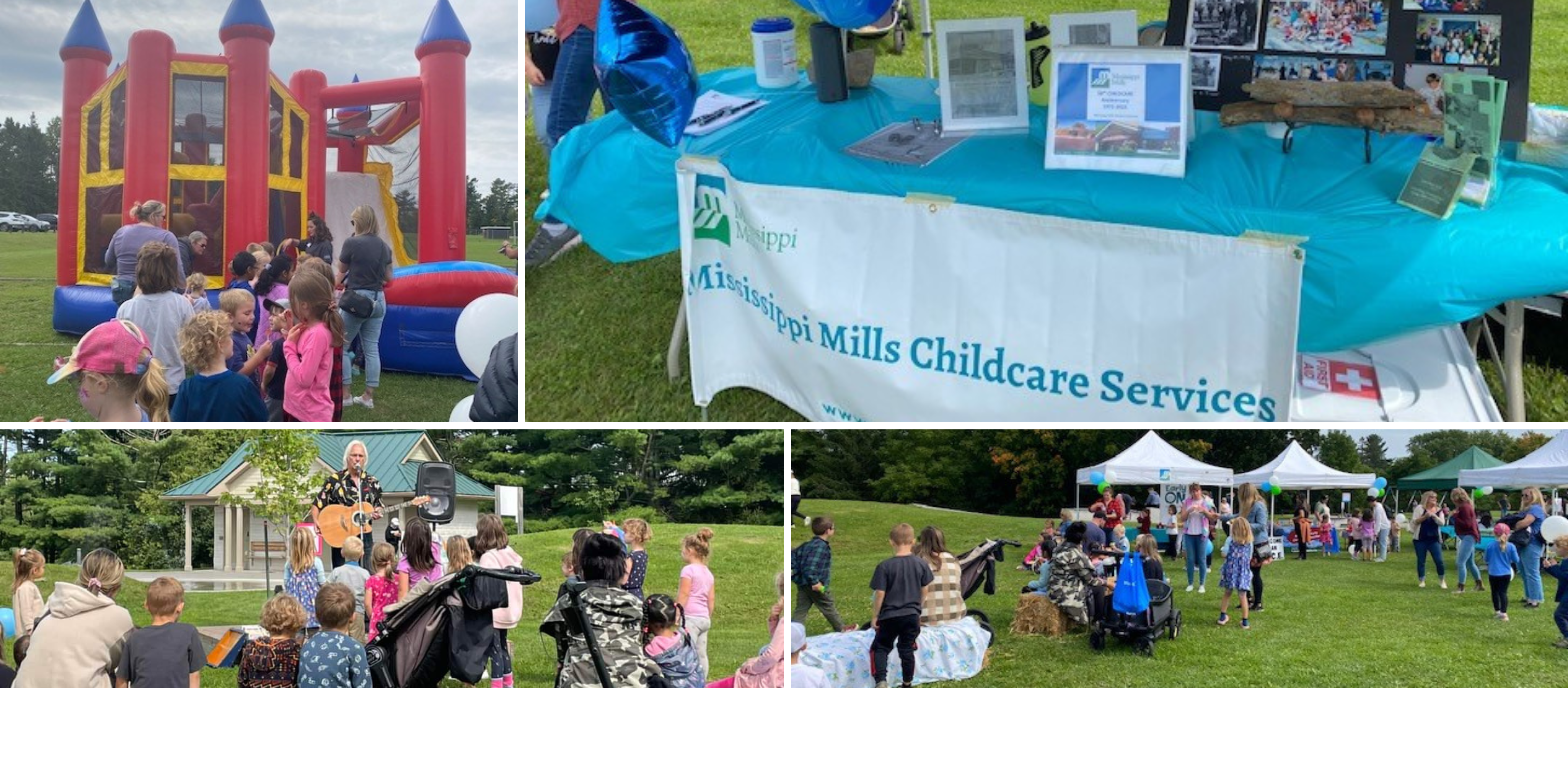 A collage of photos showing people gathered around tents and bouncy castles.