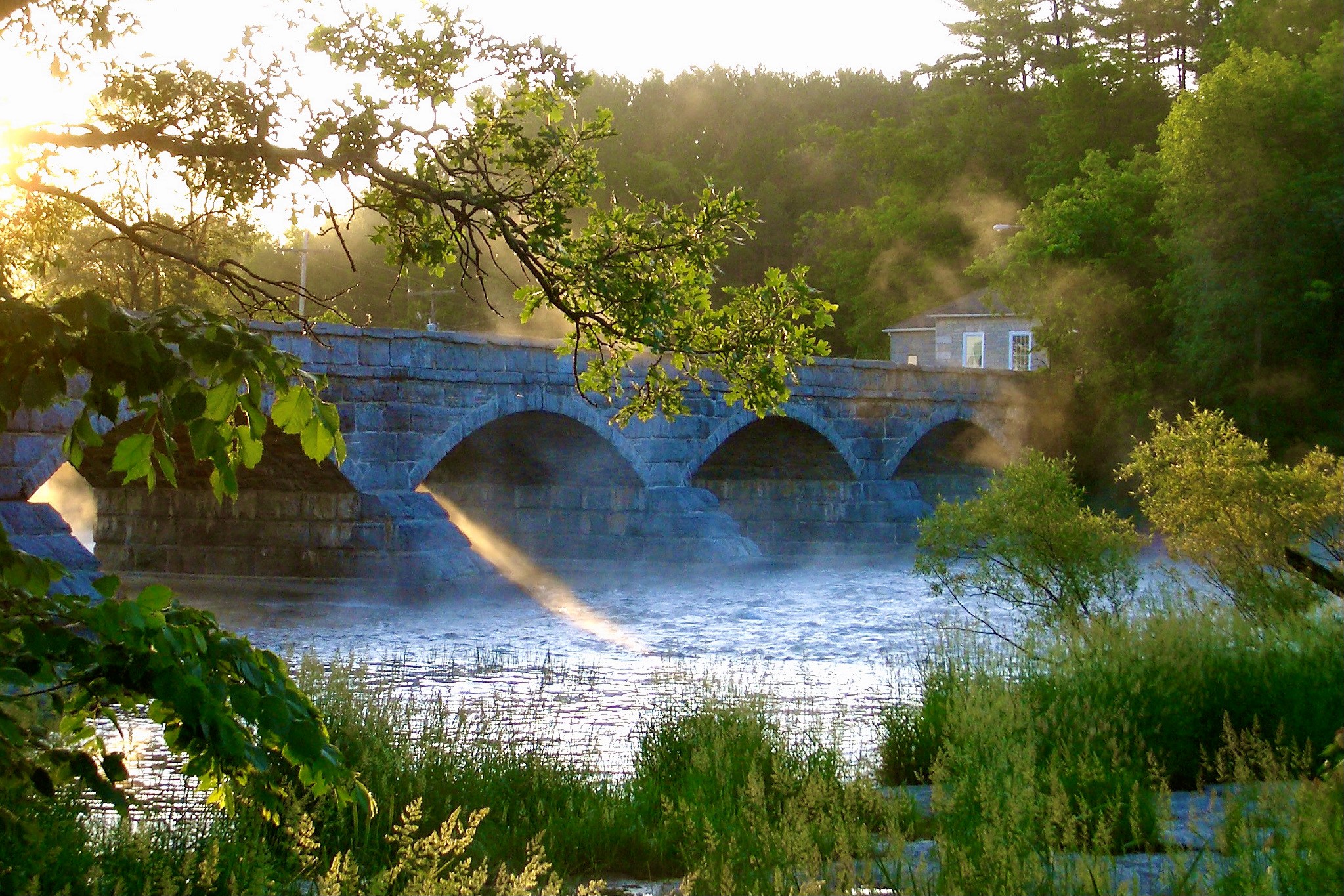 Photo of five span stone bridge surrounded by green foliage and a river