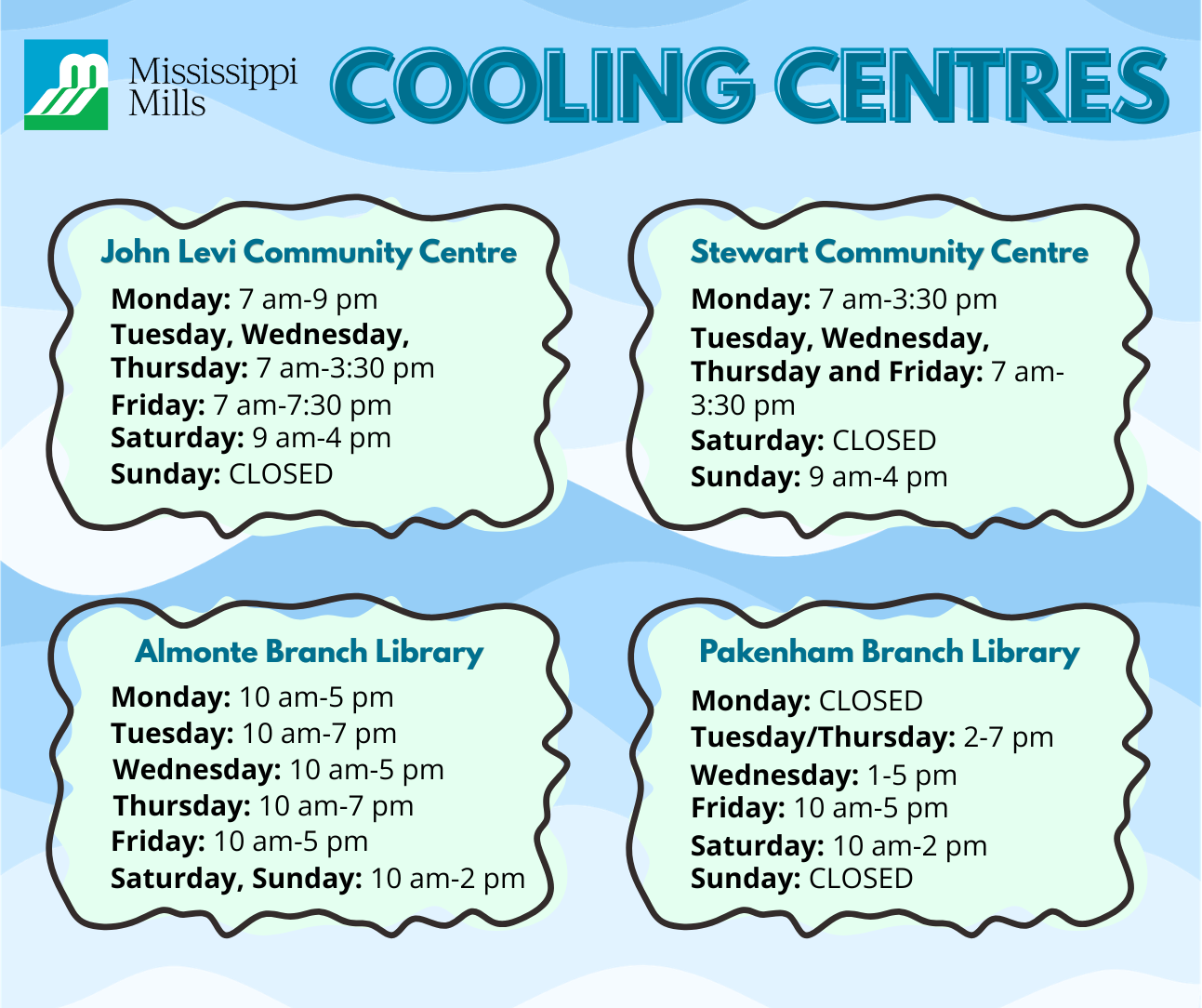 Yellow, white and green graphic with Mississippi Mills Cooling Centre hours