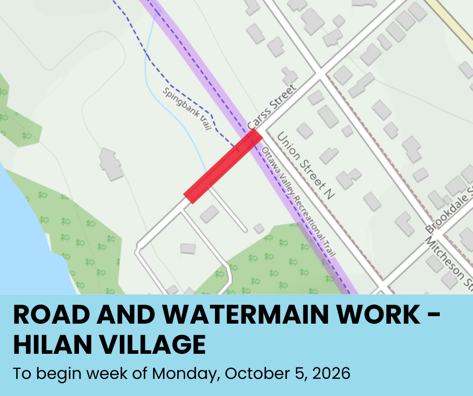 image reads "road and watermain work - hilan village. To begin week of Monday, October 5, 2026"