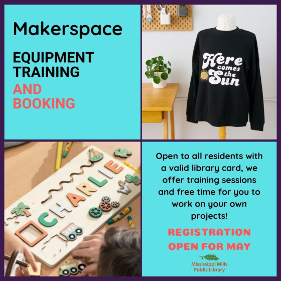 Graphic promoting Makerspace training at Pakenham Branch of the Mississippi Mills Public Library