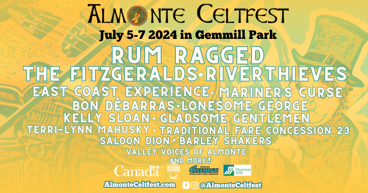 Yellow and green graphic featuring the lineup for Almonte Celtfest, July 5-7, 2024