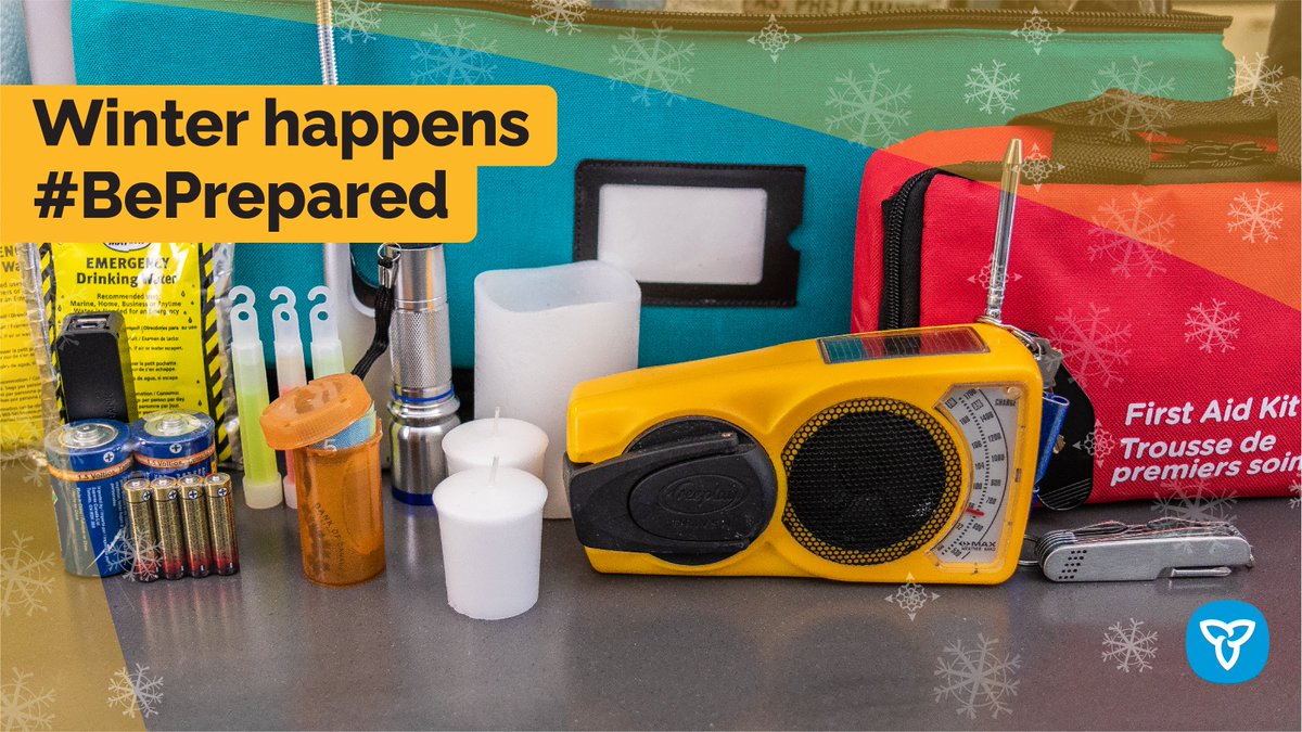 Graphic featuring items for an emergency kit (flashlight, first aid kit, batteries) with text 'Be Prepared'