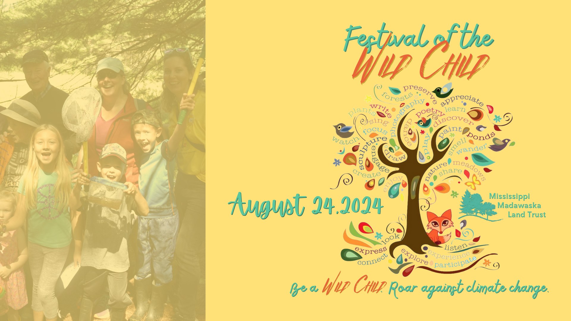 Yellow graphic with word tree and fox sitting underneath with the text 'Festival of the Wild Child'