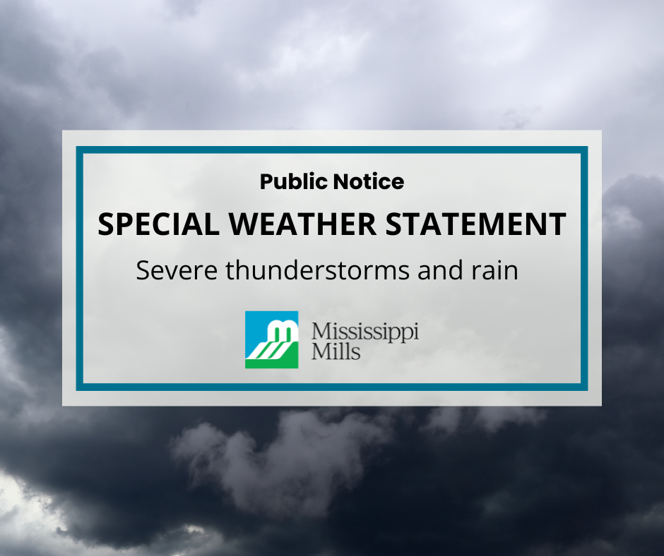 Black and grey storm clouds in the sky with a white box and blue border, containing black text reading 'Public Notice - Special Weather Statement - Severe Thunderstorms and Rain.'