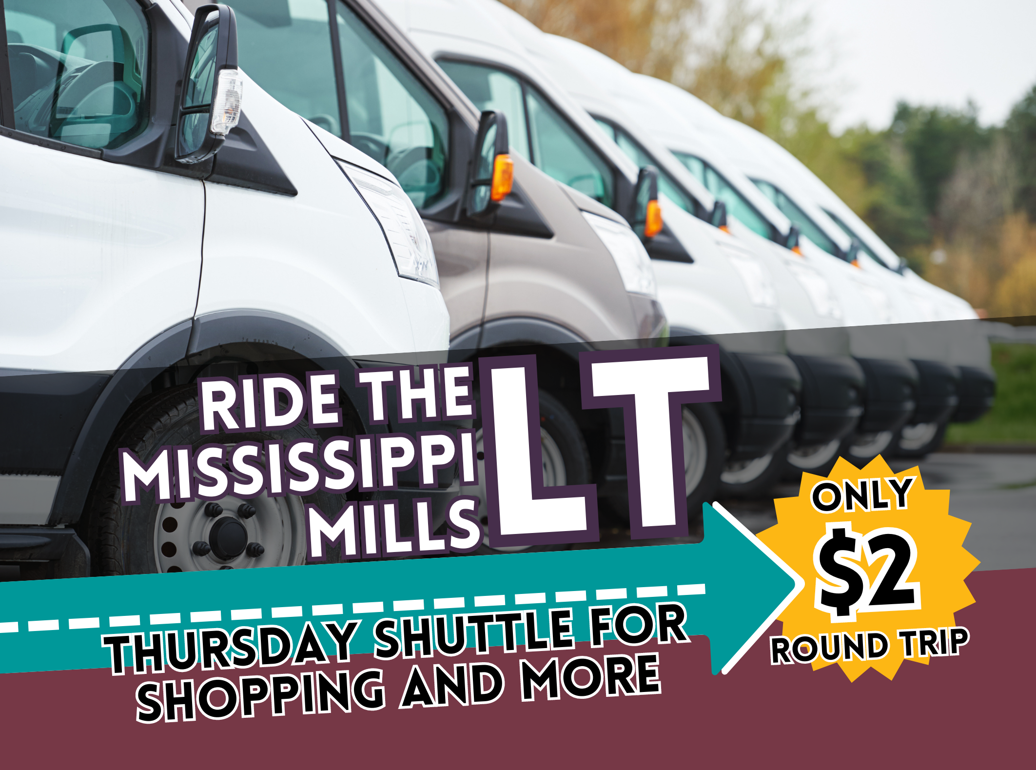 Graphic with text 'Mississippi Mills Ride the LT' and a photo of a group of buses parked in a row
