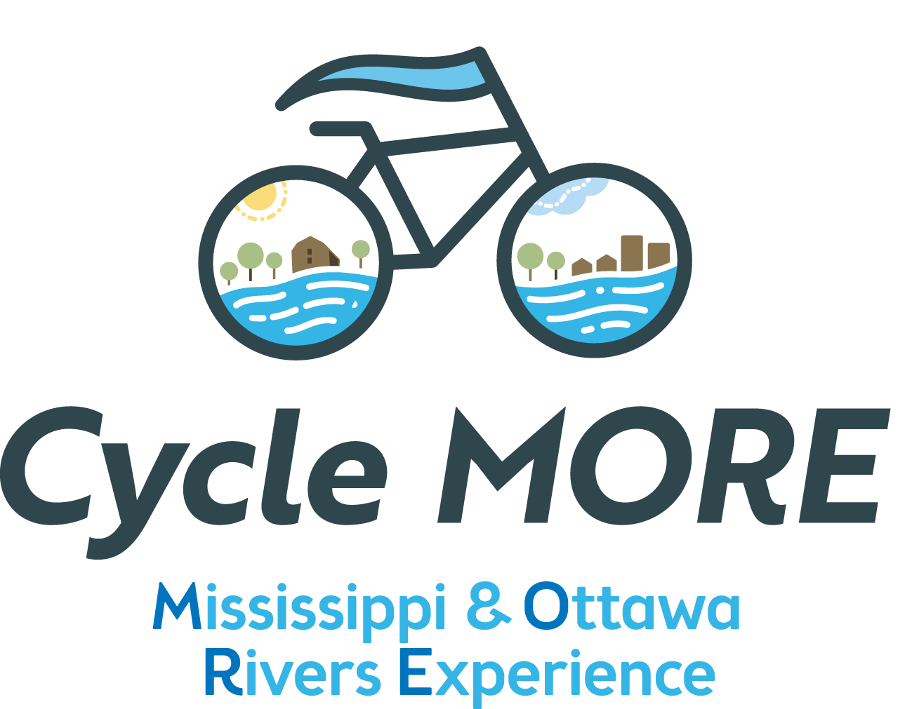Blue graphic of a bike with the text 'Cycle More: Mississippi and Ottawa Rivers Experience'