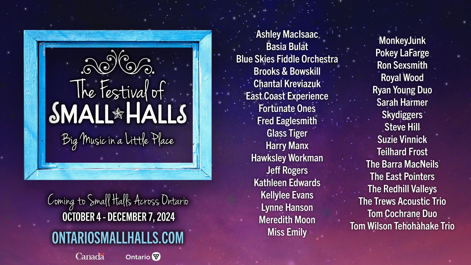 Purple and black graphic with lineup for the 2024 Ontario Festival of Small Halls