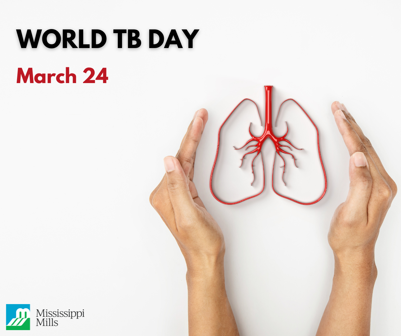 Photo of two hands open around a set of lungs with the text 'World TB Day March 24'