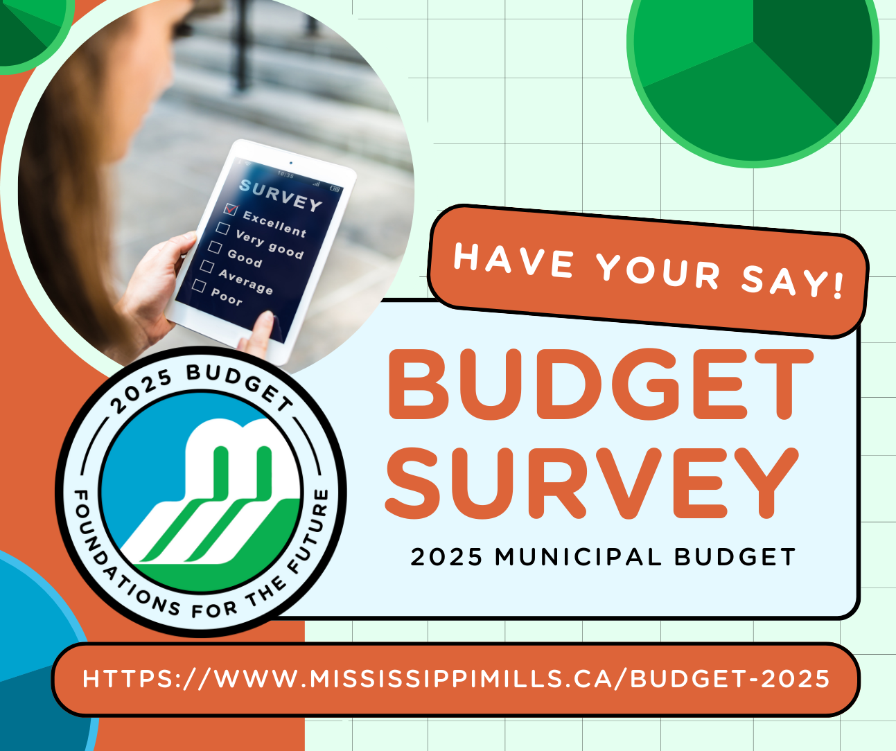Orange, blue and green graphic with text '2025 Budget Survey'