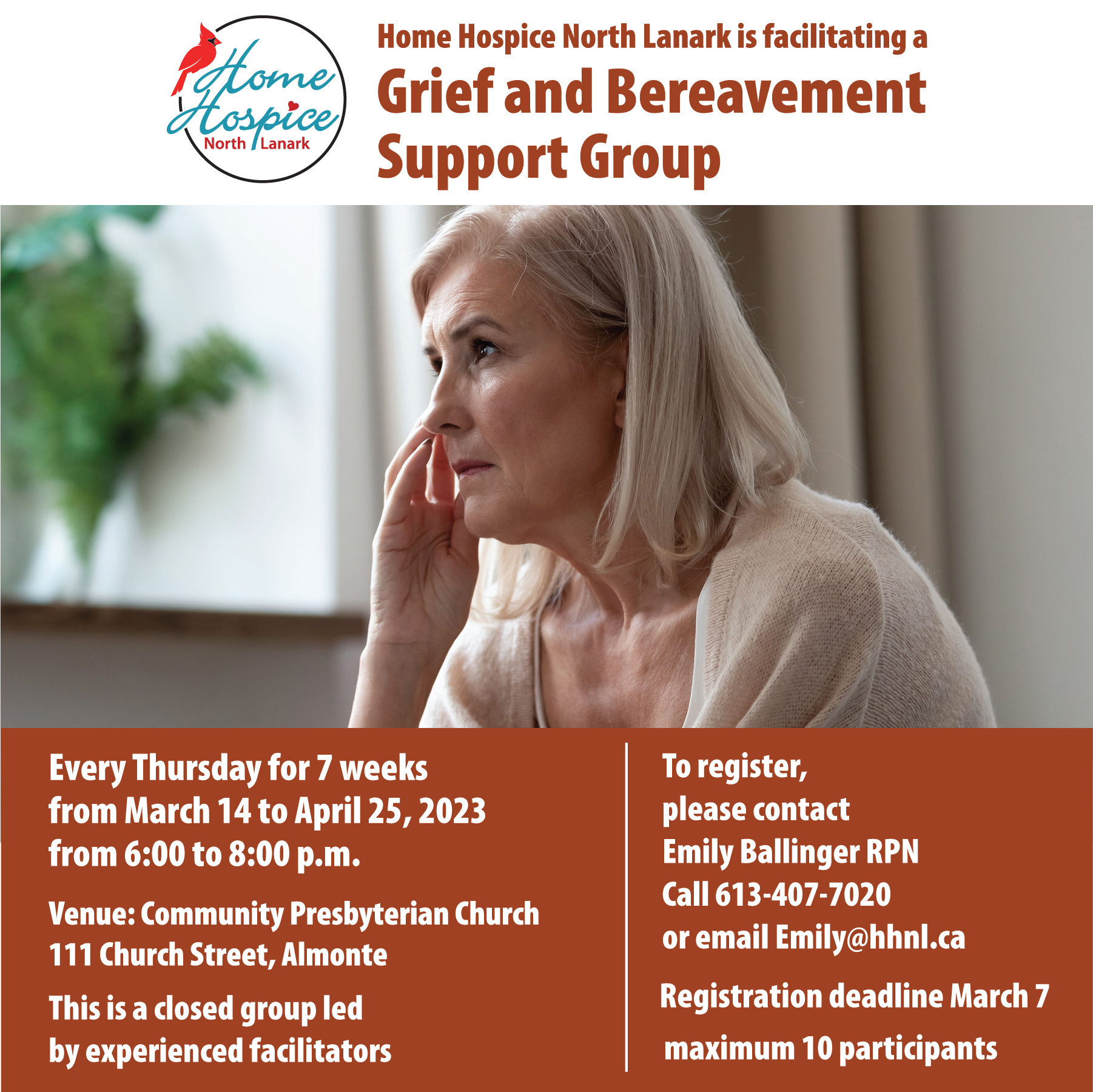 Graphic advertising Home Hospice North Lanark's Grief and Bereavement Support Group, featuring a photo of a woman with her head in her hands.