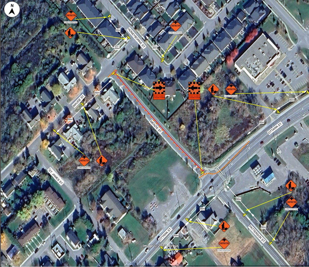 Satellite image of road closure affecting Menzie Street in Almonte