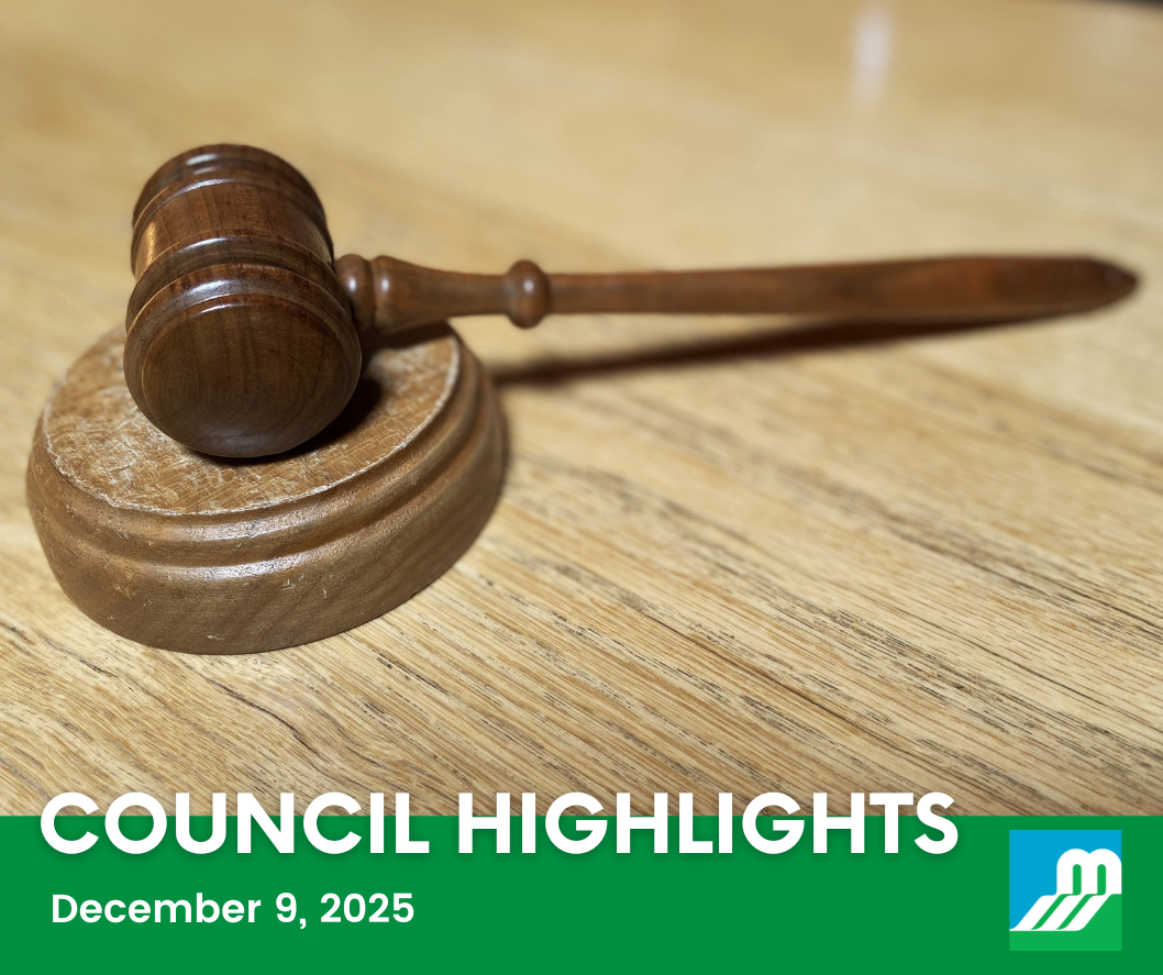 Photo of wooden gavel on wooden desk and the text 'Council Highlights - December 9, 2025'