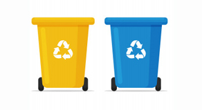 Cartoon of two recycle bins. Yellow bin on the left, Blue bin on the right.