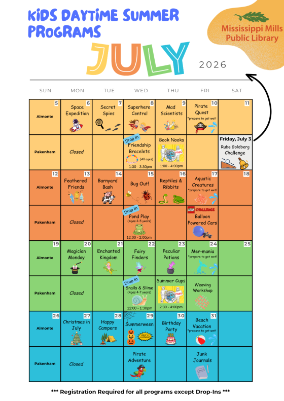 Colourful calendar listing the Mississippi Mills Public Library's Kids Daytime Summer Programs for July 2026