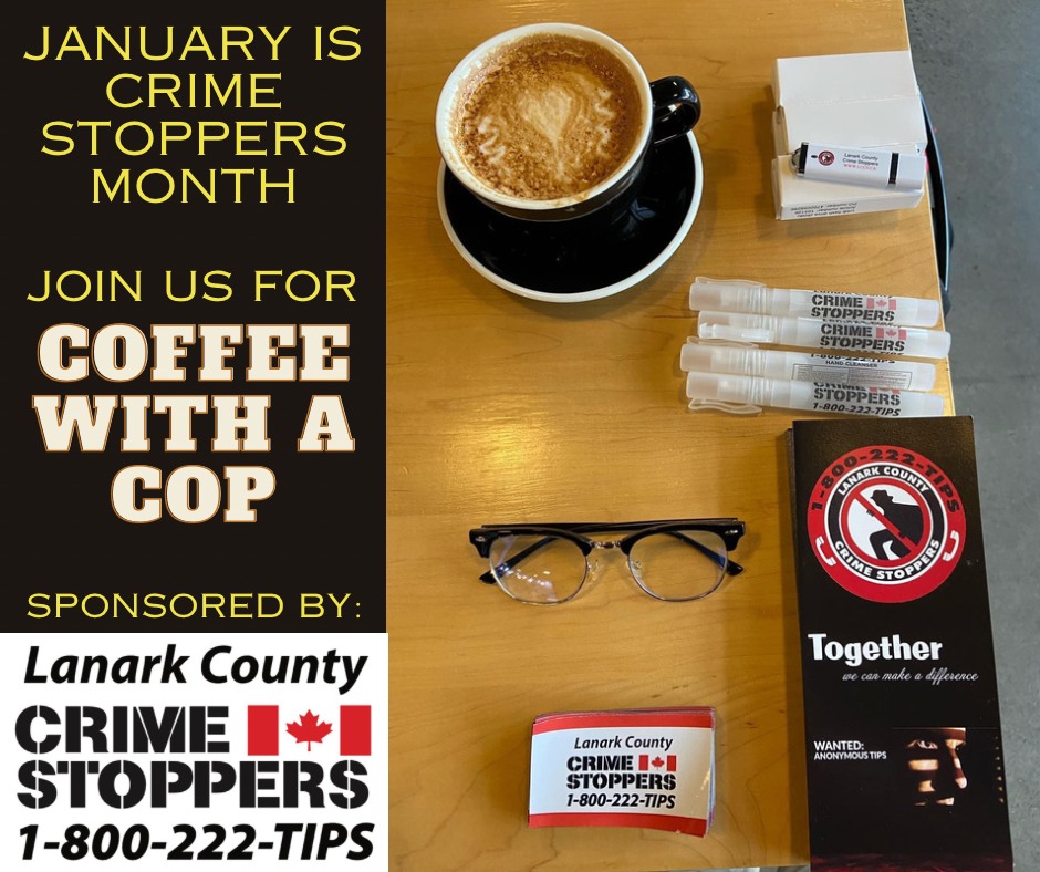 Graphic featuring coffee mug on wooden table with eyeglasses and pens