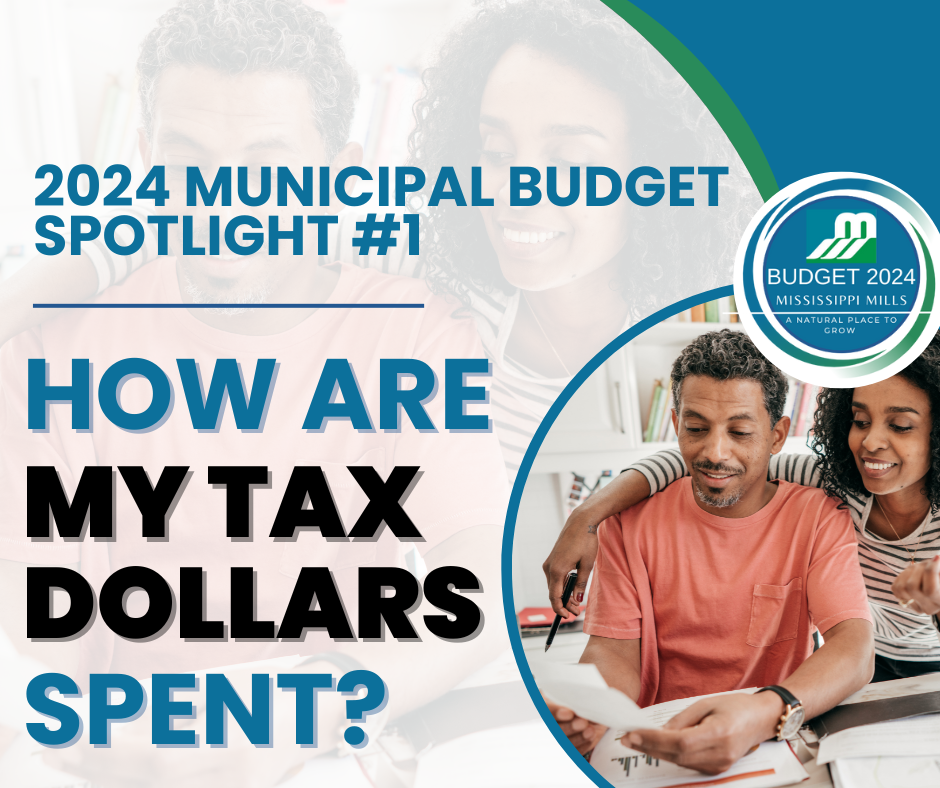 Graphic with the words 'How Are My Tax Dollars Spent' with photo of couple looking over papers