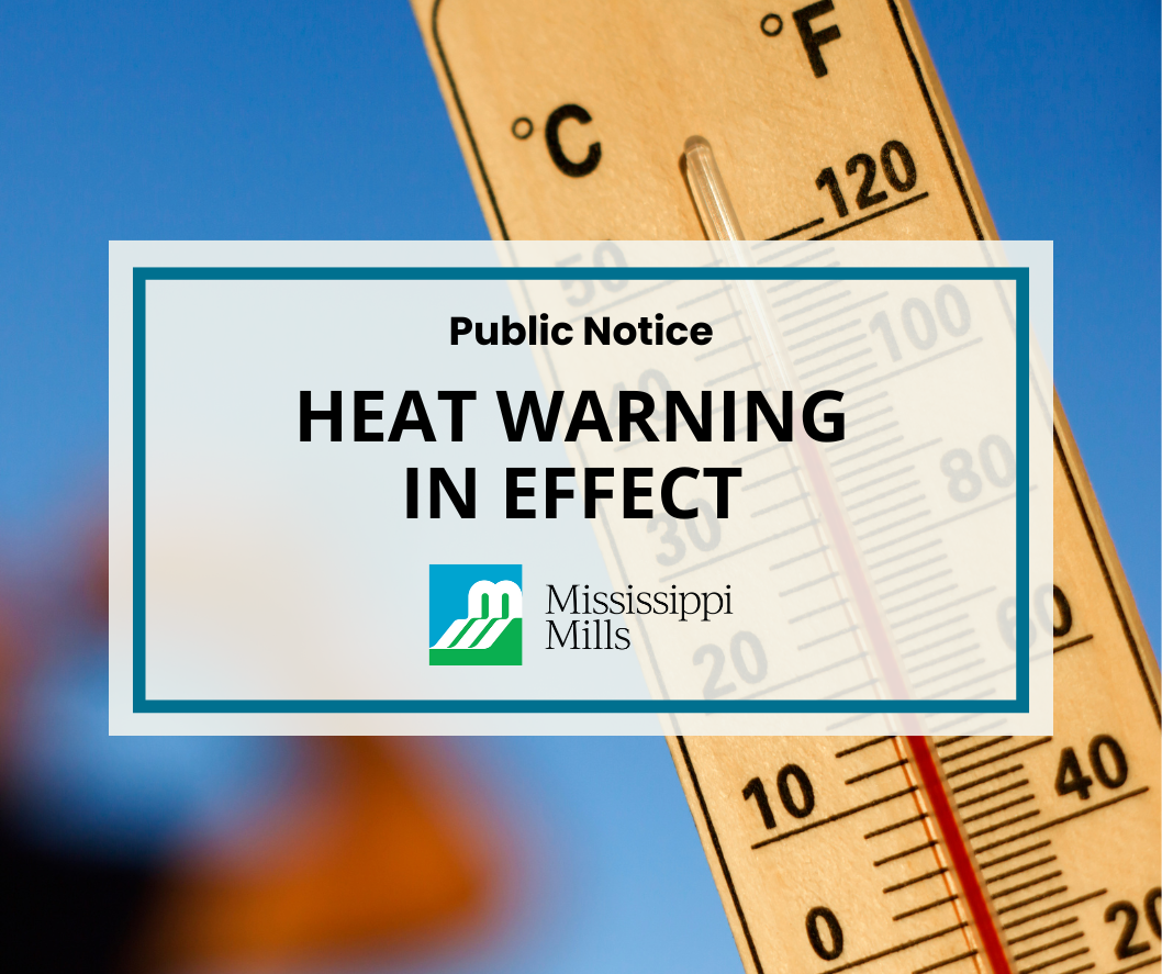 Photo of thermometer rising in temperature and the text 'Public Notice - Heat Warning in Effect'