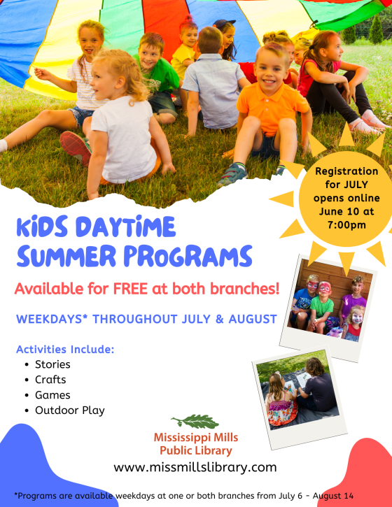 Poster advertising Kids Daytime Summer Programs at the Mississippi Mills Public Library