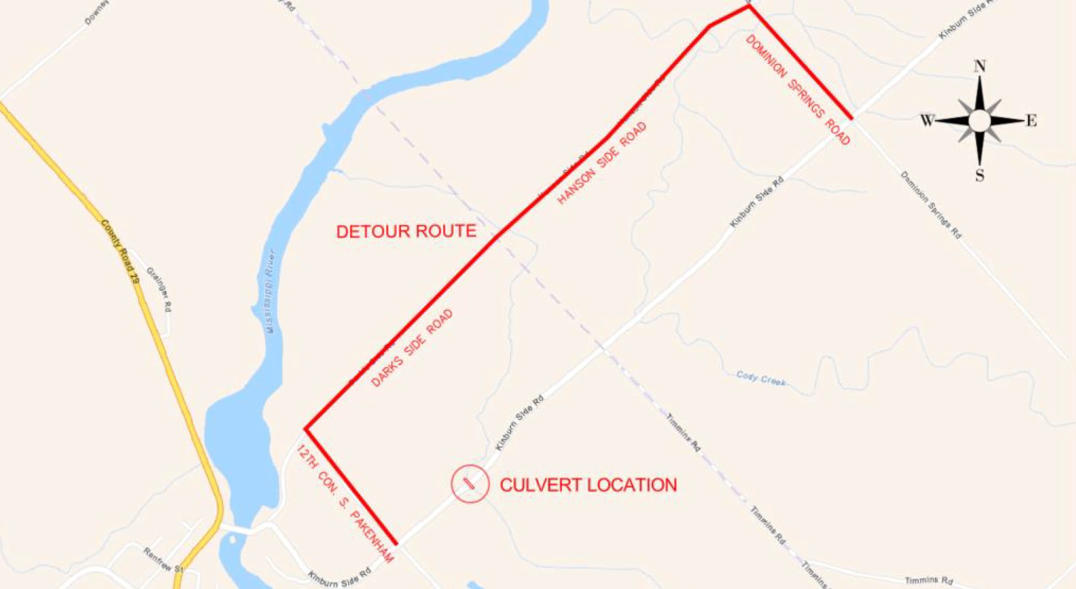 Map showing road closure for Kinburn Side Road
